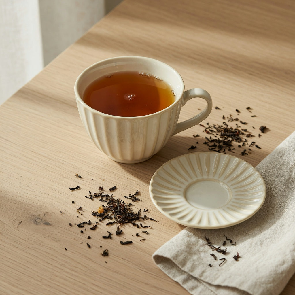 Pleated ceramic tea cup 200 ml gift filled with amber tea on a wooden table beside loose-leaf tea and a linen napkin