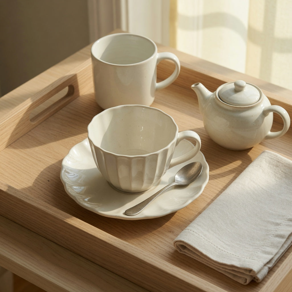 Pleated ceramic tea cup on a guest-room tray beside a teapot, saucer, and folded linen