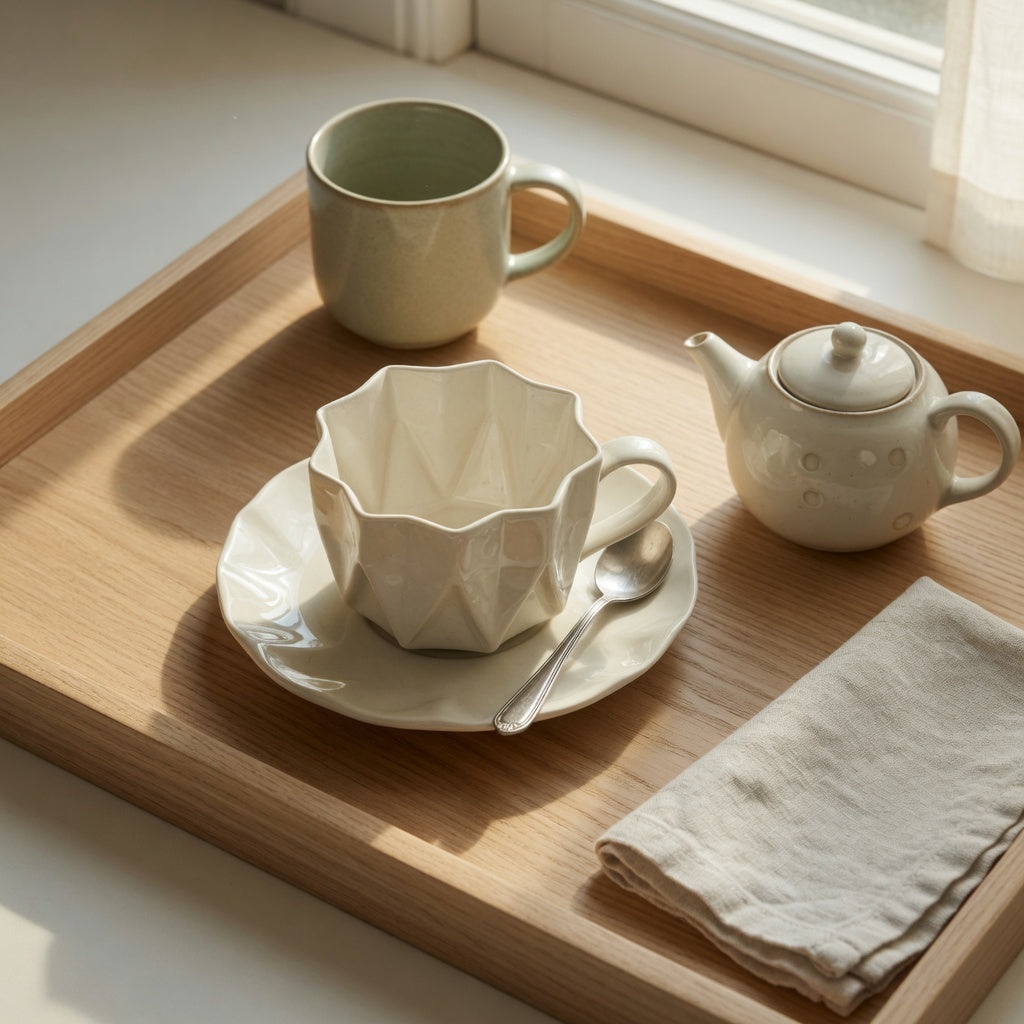 Pleated ceramic tea cup on a guest-room tray beside a teapot, saucer, and folded linen
