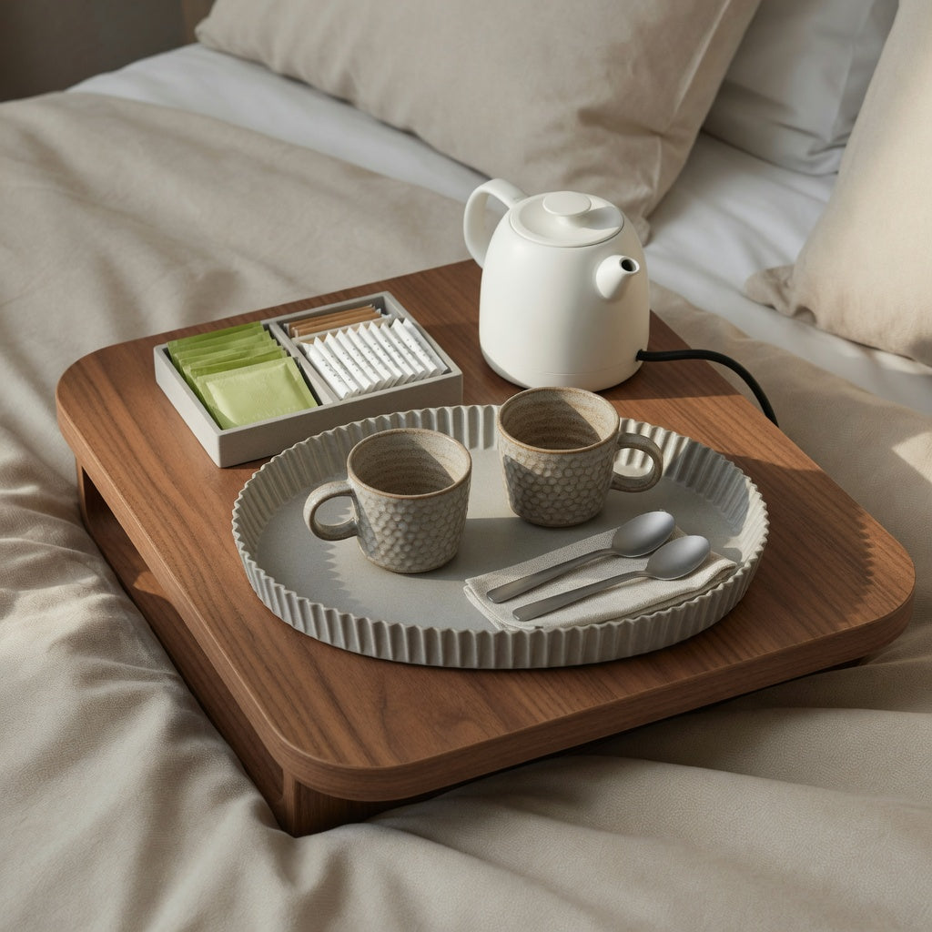 Pleated coffee cup guest tray with two cups, a kettle, spoons, and sachets arranged on a compact guest-room table