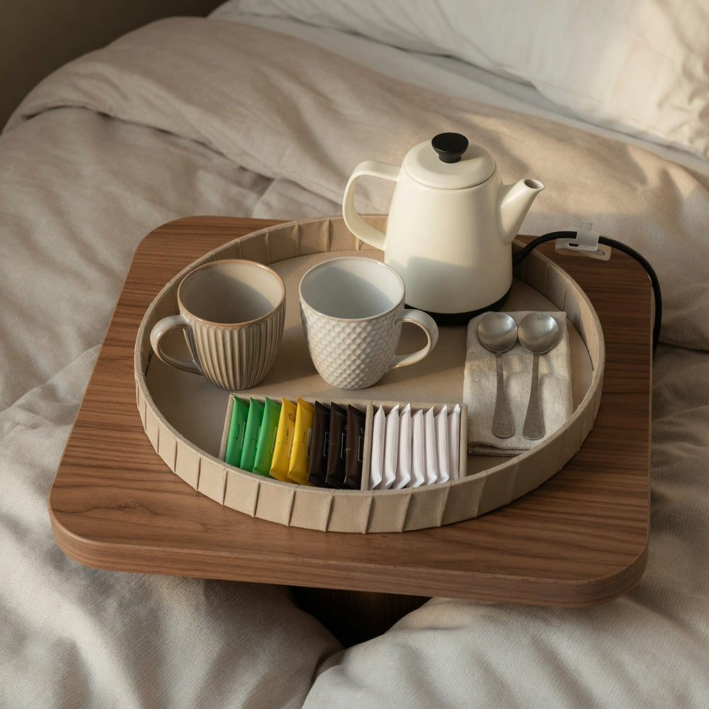 Pleated coffee cup guest tray with two cups, a kettle, spoons, and sachets arranged on a compact guest-room table