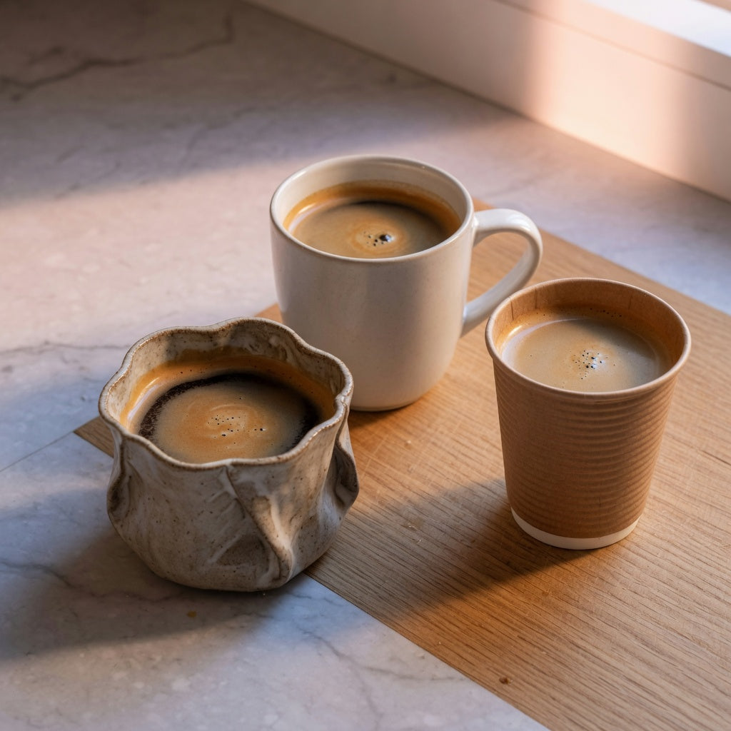 Pleated coffee cup beside a smooth ceramic mug and ripple-wall paper cup for comparison