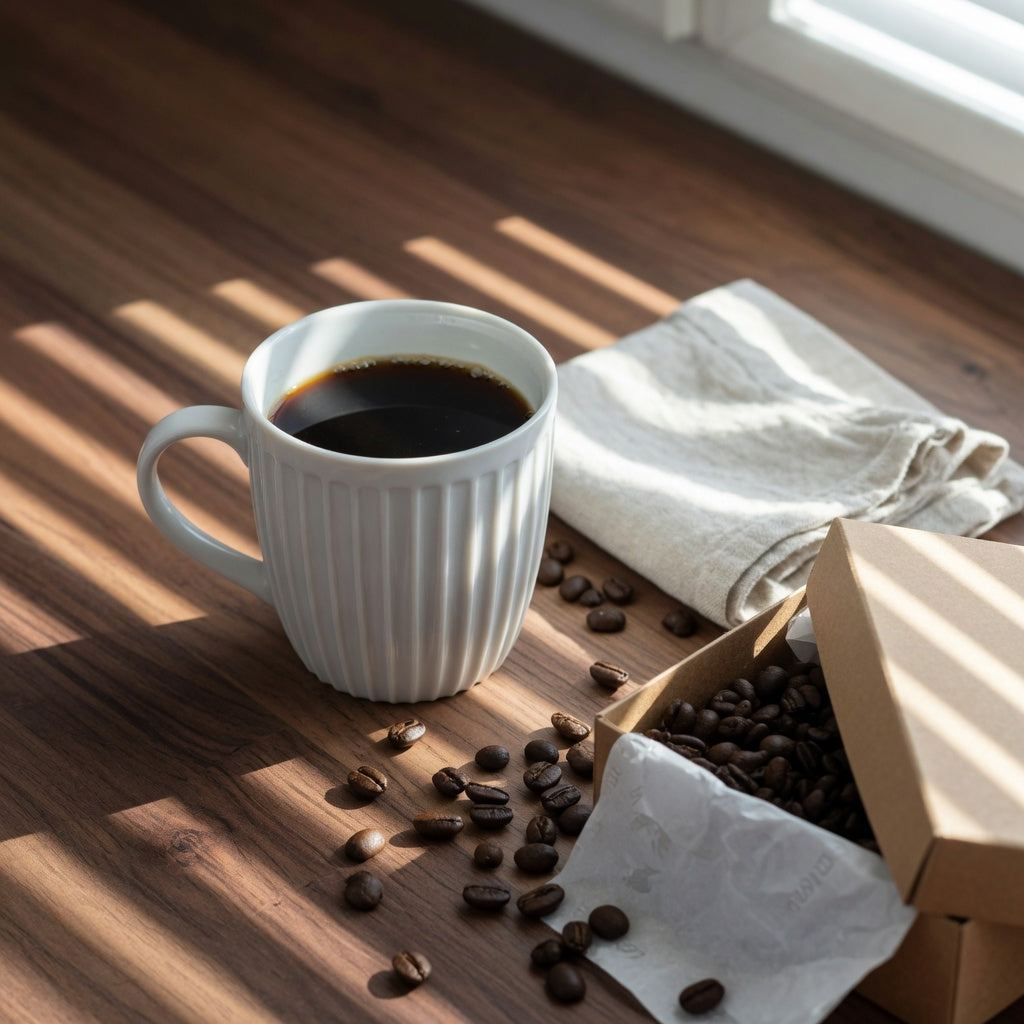 Pleated coffee mug gift for coffee lovers with vertical glaze stripes, filled with black coffee on a kitchen counter beside a wrapped gift box