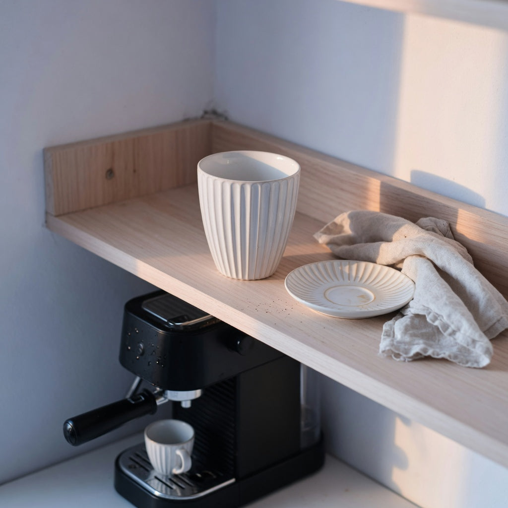 Pleated coffee tea cup for coffee lovers home decor on an open kitchen shelf beside a saucer