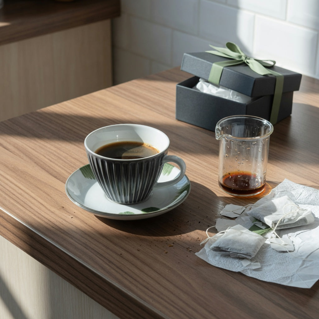 Pleated coffee tea cup gift ideas compared with a 200 ml measure, tea, coffee, and protective gift packaging