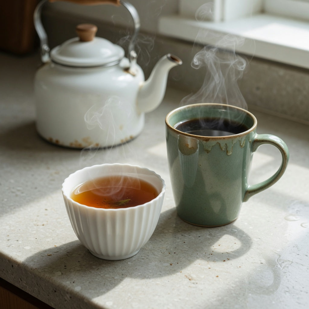 Pleated tea cup vs coffee mug size comparison showing a 200 ml pleated cup beside a 12 oz coffee mug on a kitchen counter