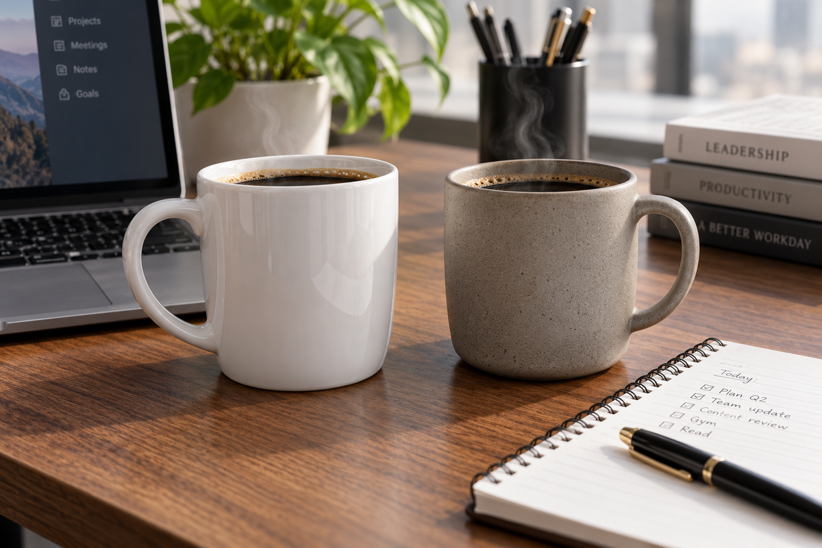 porcelain coffee mugs vs ceramic for office use on a desk with coffee