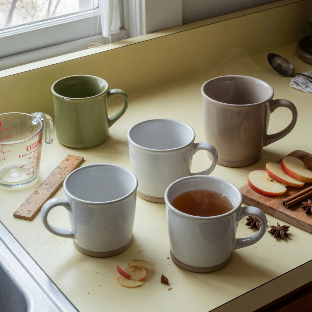An apple cider mug replacement purchase product shortlist guide scene with three ceramic options, a measuring cup, and a retired chipped mug on a kitchen counter