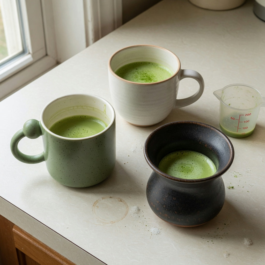 matcha latte mug shared household product shortlist guide comparing 250 ml, 390 ml, and 400 ml mugs on a shared kitchen counter