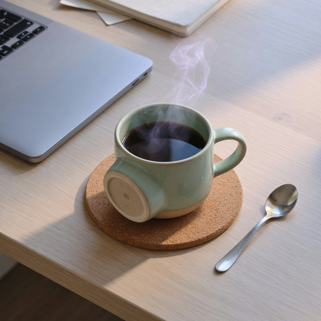 Quiet coffee mug ceramic on a cork coaster beside a laptop in soft morning light