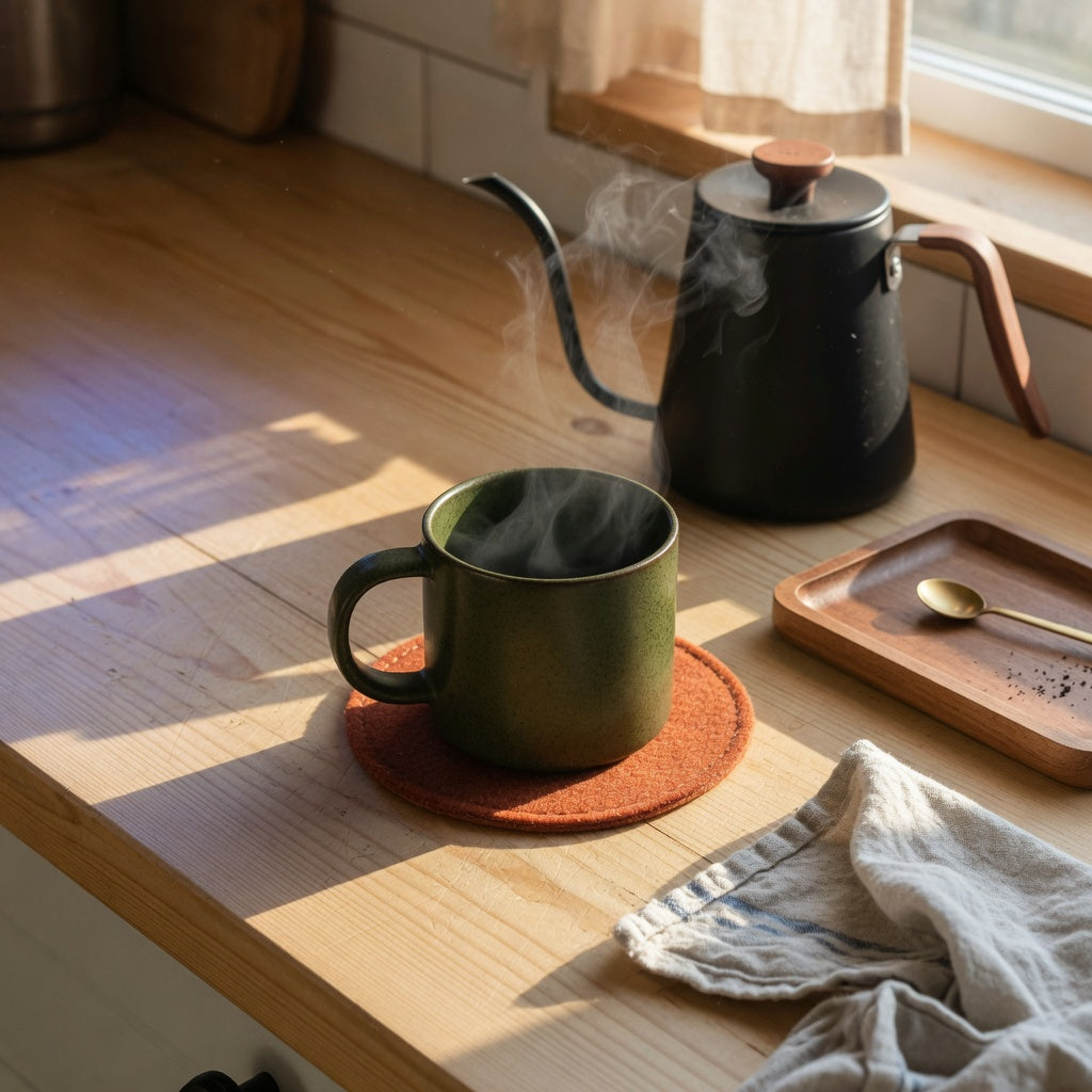 Quiet coffee routine ceramic mug on a felt coaster beside a pour-over kettle in soft morning light