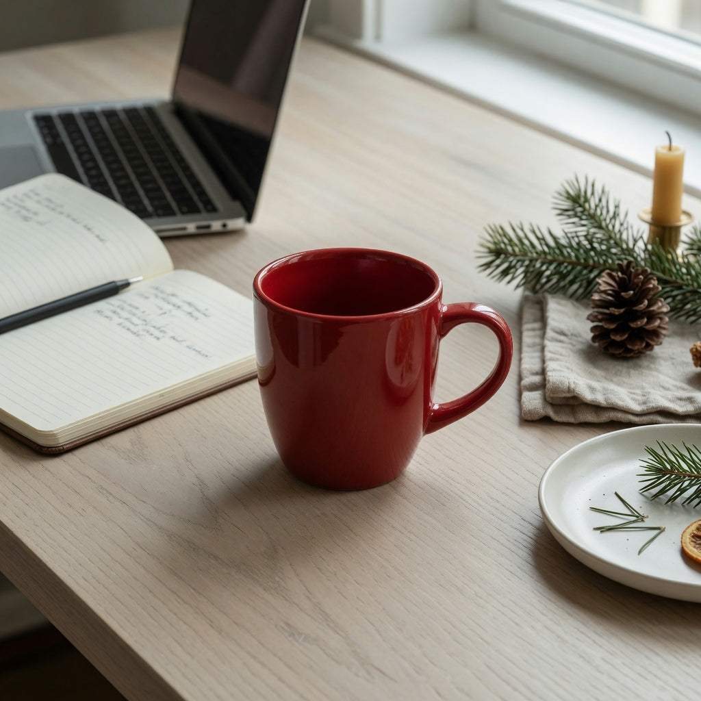 Red ceramic coffee mug comparison showing the 460 ml Christmas mug between an office desk and holiday place setting