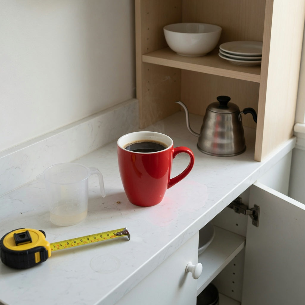 red ceramic coffee mug compact kitchen practical purchase checklist showing a red 460 ml ceramic mug on a narrow counter beside a shallow shelf