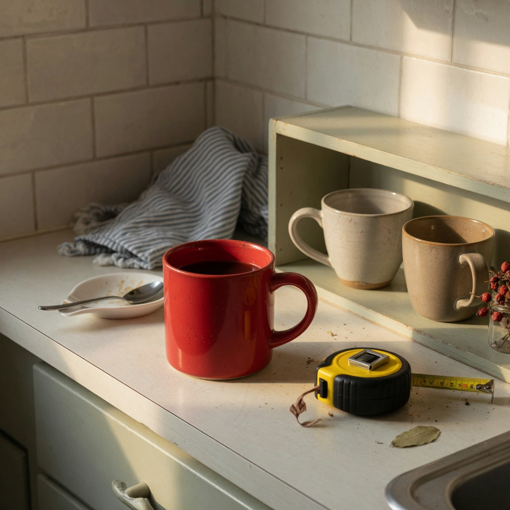 red ceramic coffee mug compact kitchen product shortlist guide with a red 460 ml handled ceramic mug on a narrow counter beside a shallow shelf