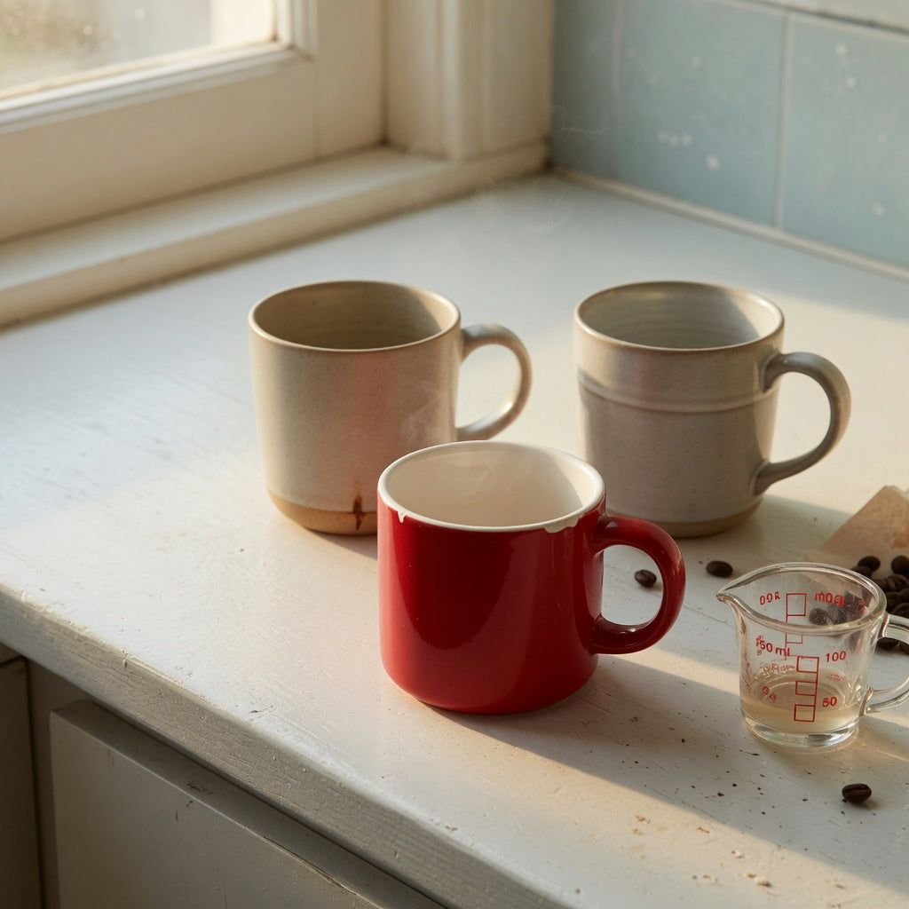 Kitchen counter scene for the red ceramic coffee mug everyday mug rotation product shortlist guide, showing a 460 ml red ceramic mug beside neutral mugs
