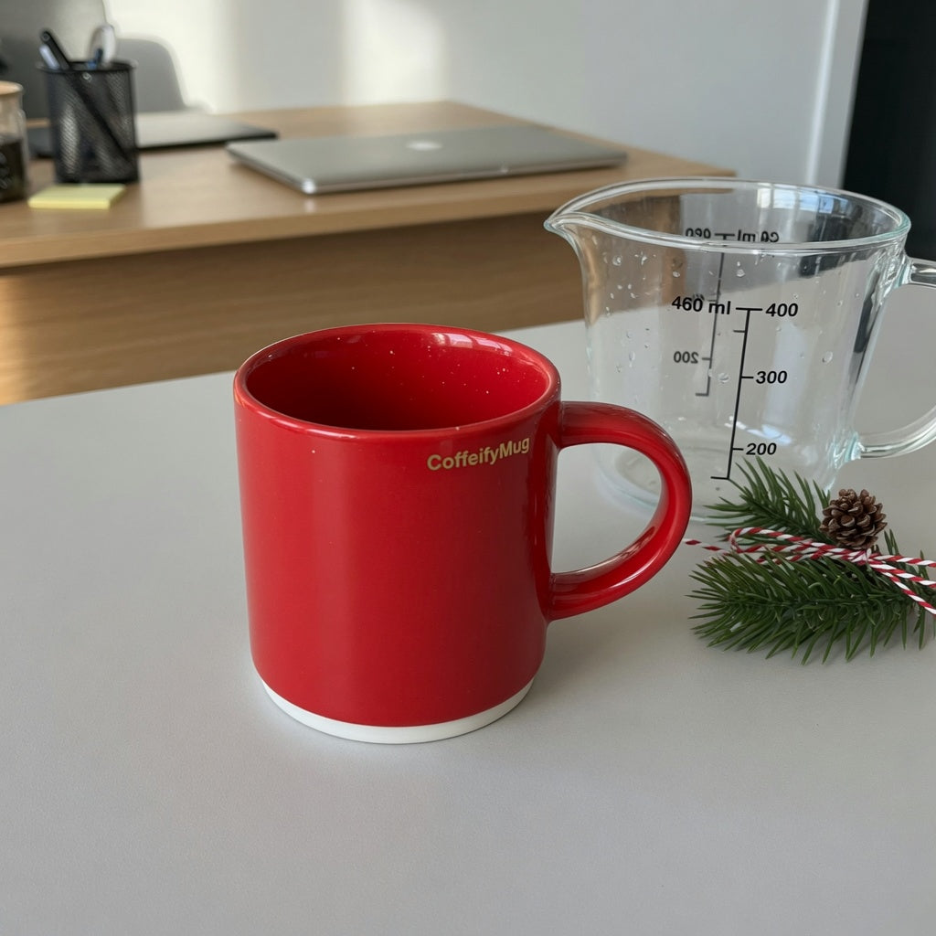 red ceramic coffee mug first time buyer practical purchase checklist: a red ceramic mug beside a 460 ml measuring jug on a kitchen counter