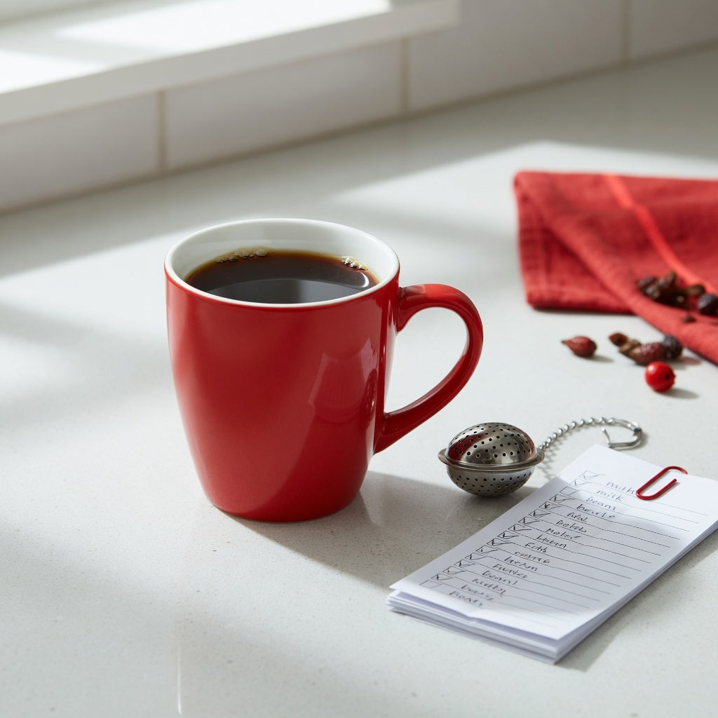 red ceramic coffee mug first time buyer product shortlist guide showing a 460 ml red ceramic mug with its handle and rim visible on a kitchen counter