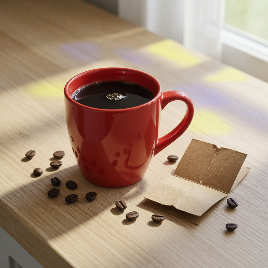 Red ceramic coffee mug for gift filled with coffee on a sunlit kitchen counter beside a kraft gift tag