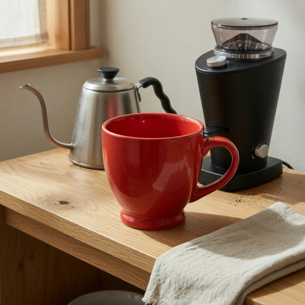 Red ceramic coffee mug home coffee station product shortlist guide scene with a red mug beside a grinder, kettle, and wood shelf