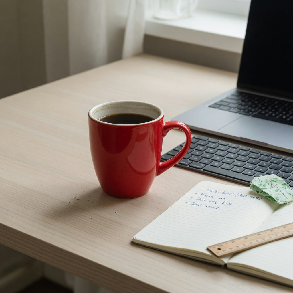 Red ceramic coffee mug home office practical purchase checklist scene beside a laptop, notebook, and ruler