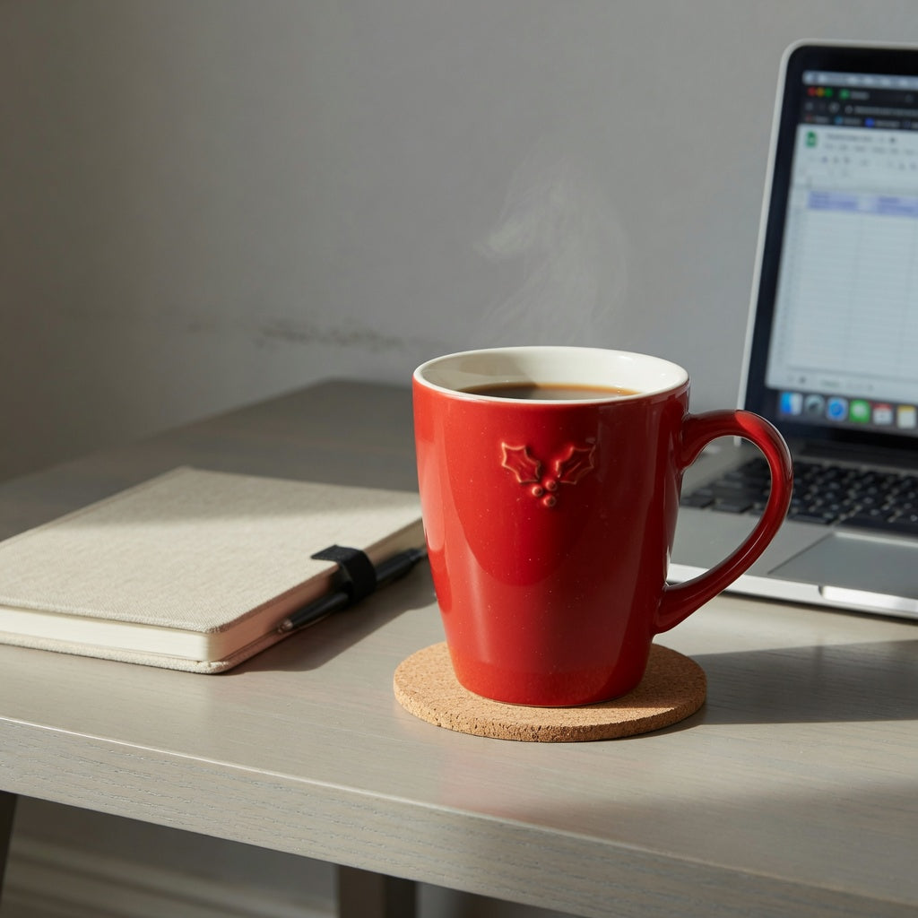 Red ceramic coffee mug home office product shortlist guide with a listed 460 ml red Christmas mug beside a laptop