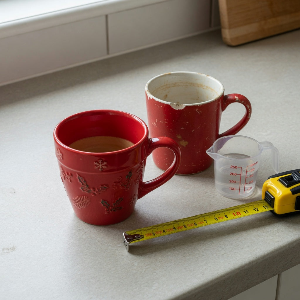red ceramic coffee mug replacement purchase practical purchase checklist with a red 460 ml Christmas Coffee Tea Mug beside a chipped older mug on a kitchen counter