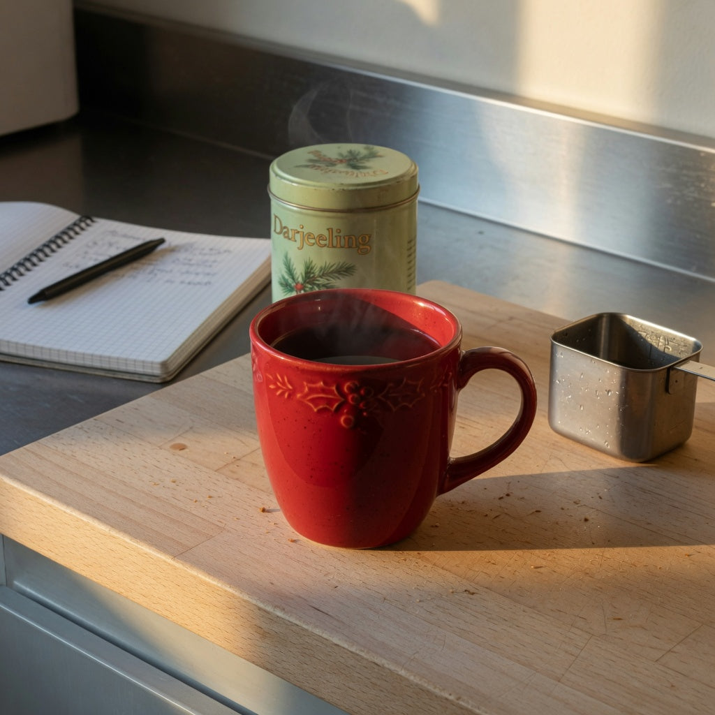 red ceramic coffee mug shared household practical purchase checklist showing a single red Christmas coffee tea mug on a shared kitchen counter