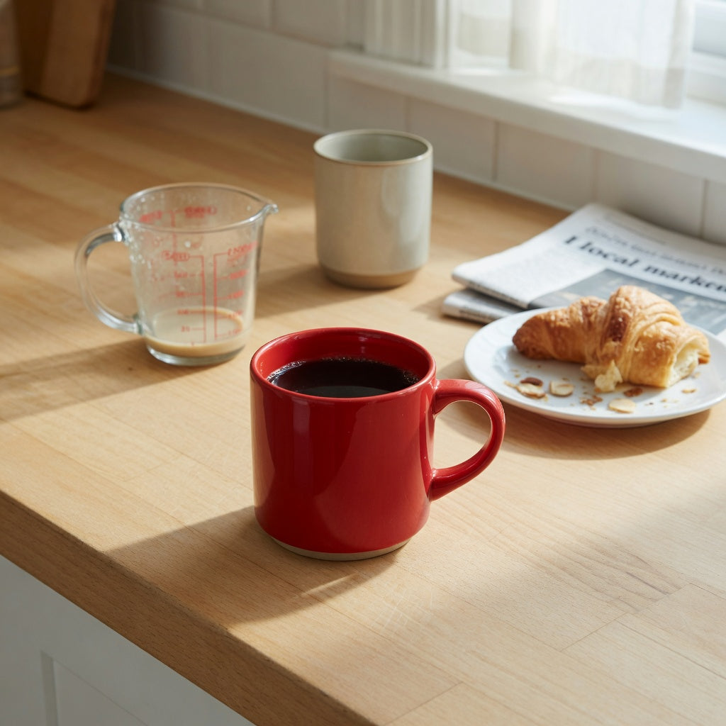 Red ceramic coffee mug weekend coffee practical purchase checklist with a 460 ml red ceramic mug on a kitchen counter beside a measuring jug and weekend coffee setting