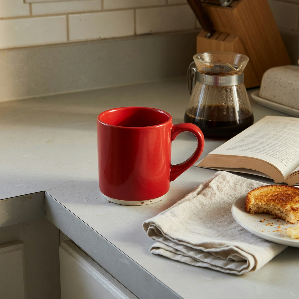 red ceramic coffee mug weekend coffee product shortlist guide with a 460 ml red handled ceramic mug on a weekend kitchen counter