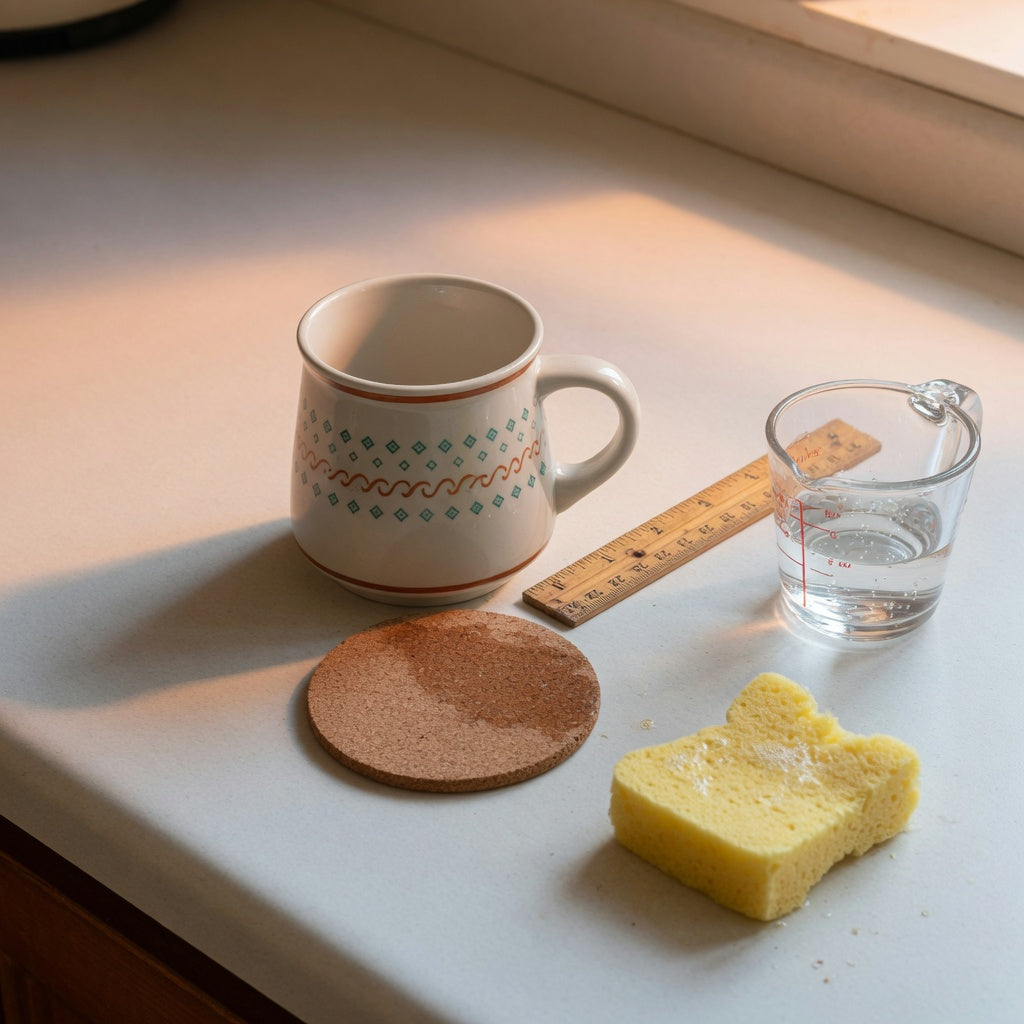 Retro ceramic coffee mug beside a ruler, coaster, and soft sponge for a buyer inspection checklist