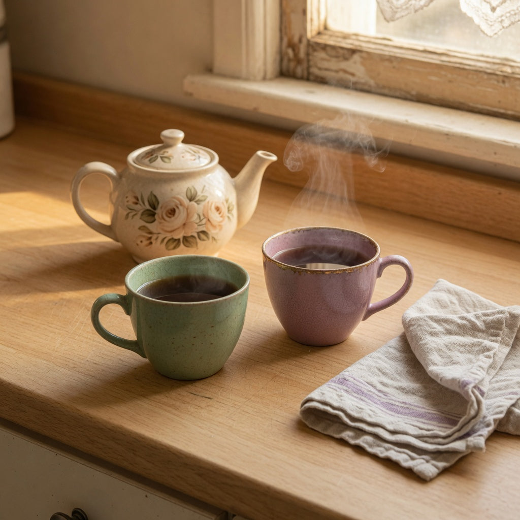 Retro ceramic tea cups in soft vintage glaze on a kitchen counter beside a teapot