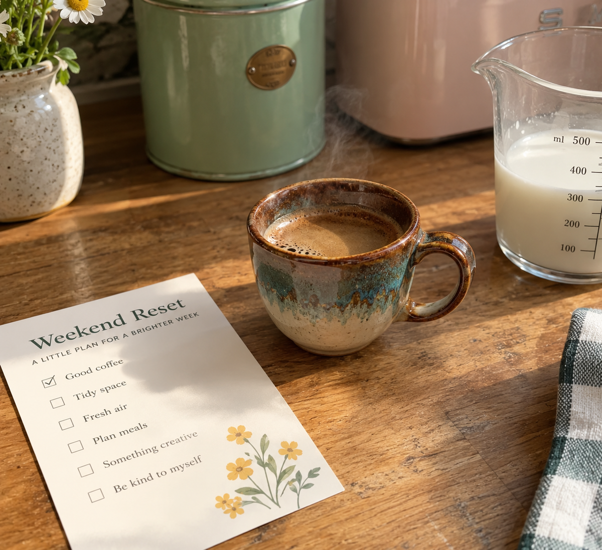 Retro coffee cup buying checklist in use: a small vintage-style coffee cup beside a measuring jug and a printed checklist card on a wooden kitchen counter