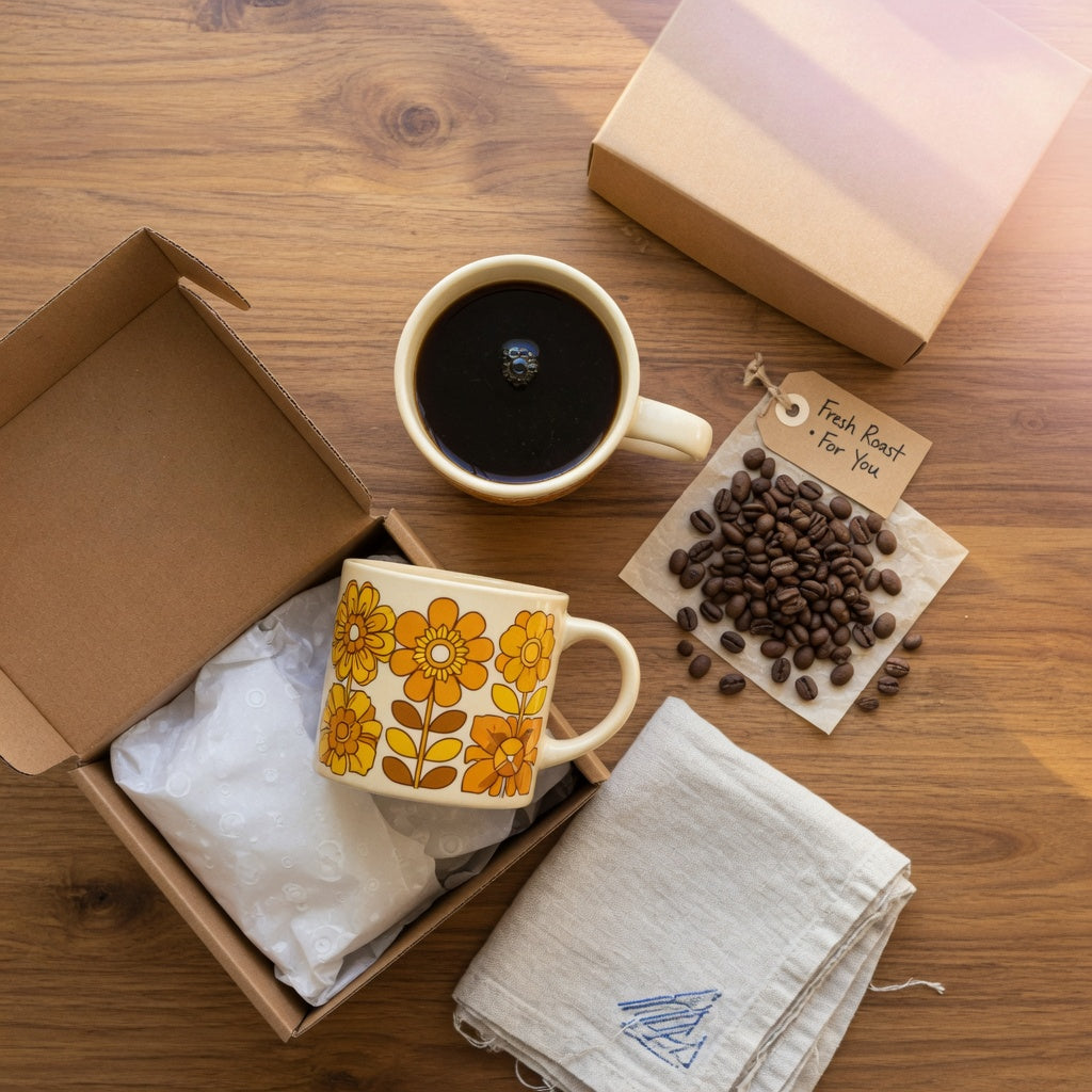Retro coffee mug gift for coffee lovers: 1970s earth-tone ceramic mug filled with black coffee beside a kraft gift box and whole beans on a wood counter