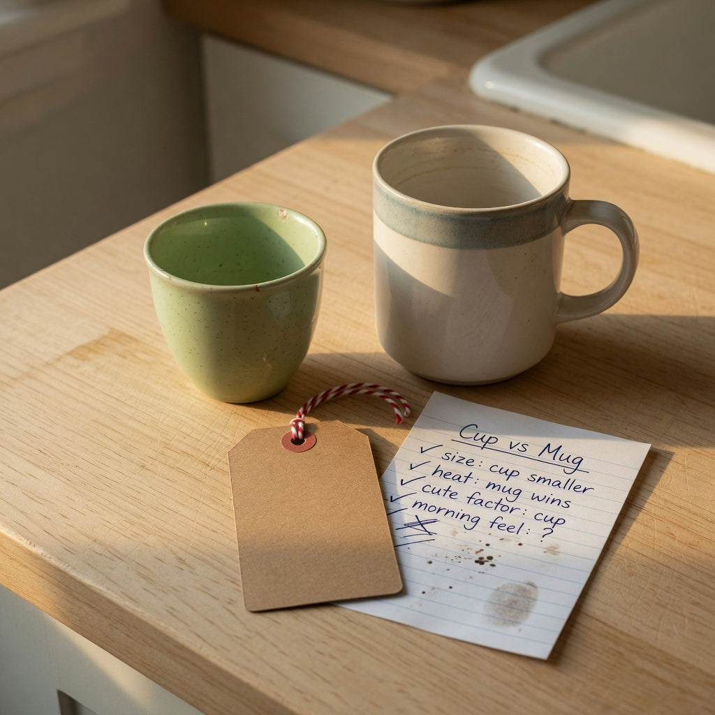 Retro coffee mug gift ideas on a kitchen counter, with a small retro-style cup next to a diner-style mug and a blank gift tag