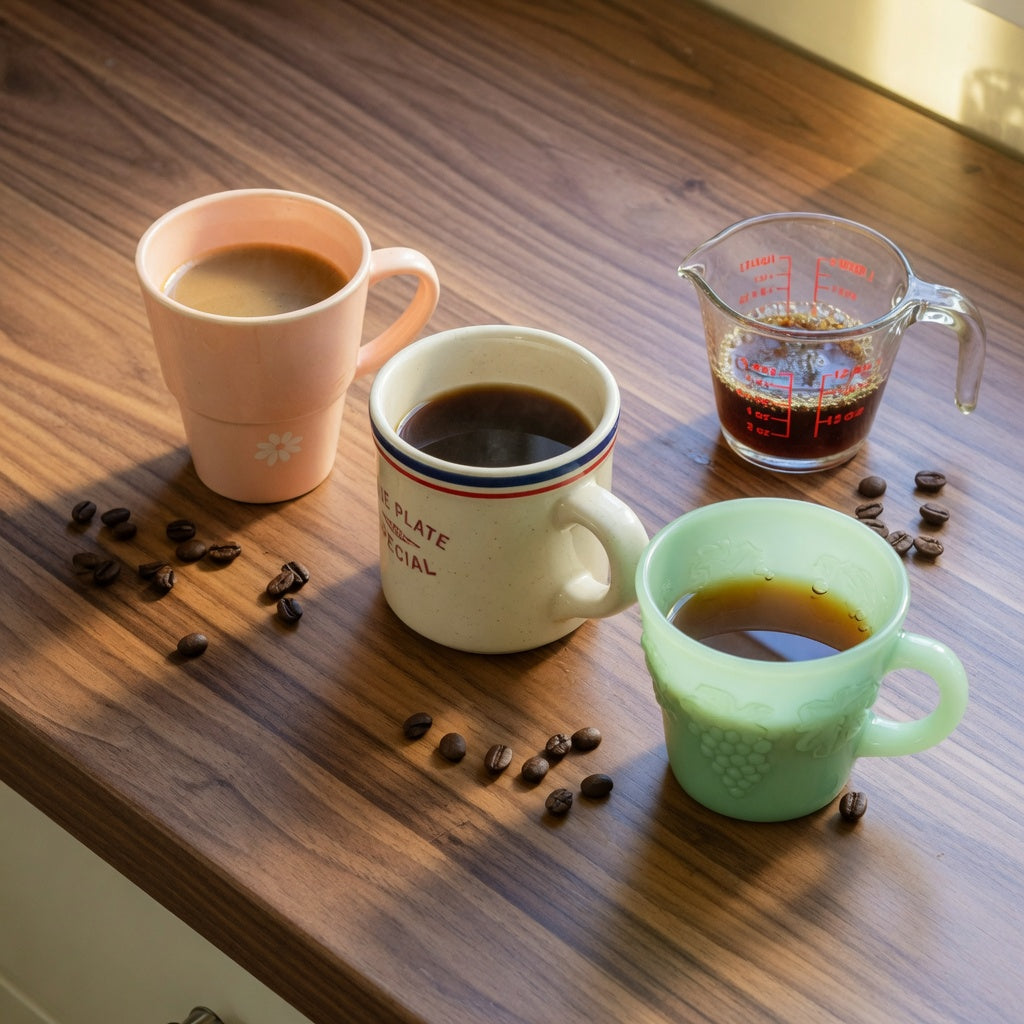 Retro coffee mugs for coffee lovers compared side by side on a sunlit kitchen counter: a pastel mid-century mug, a thick cream diner mug, and a jadeite-look glass mug