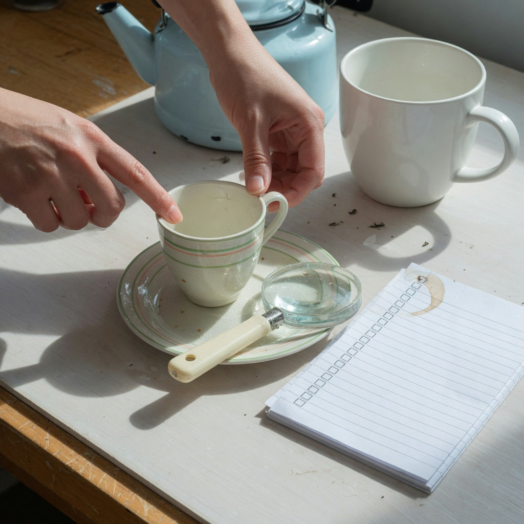 Hands using a retro coffee tea cup buying checklist to inspect the rim, handle joint, saucer, and size of a small cup