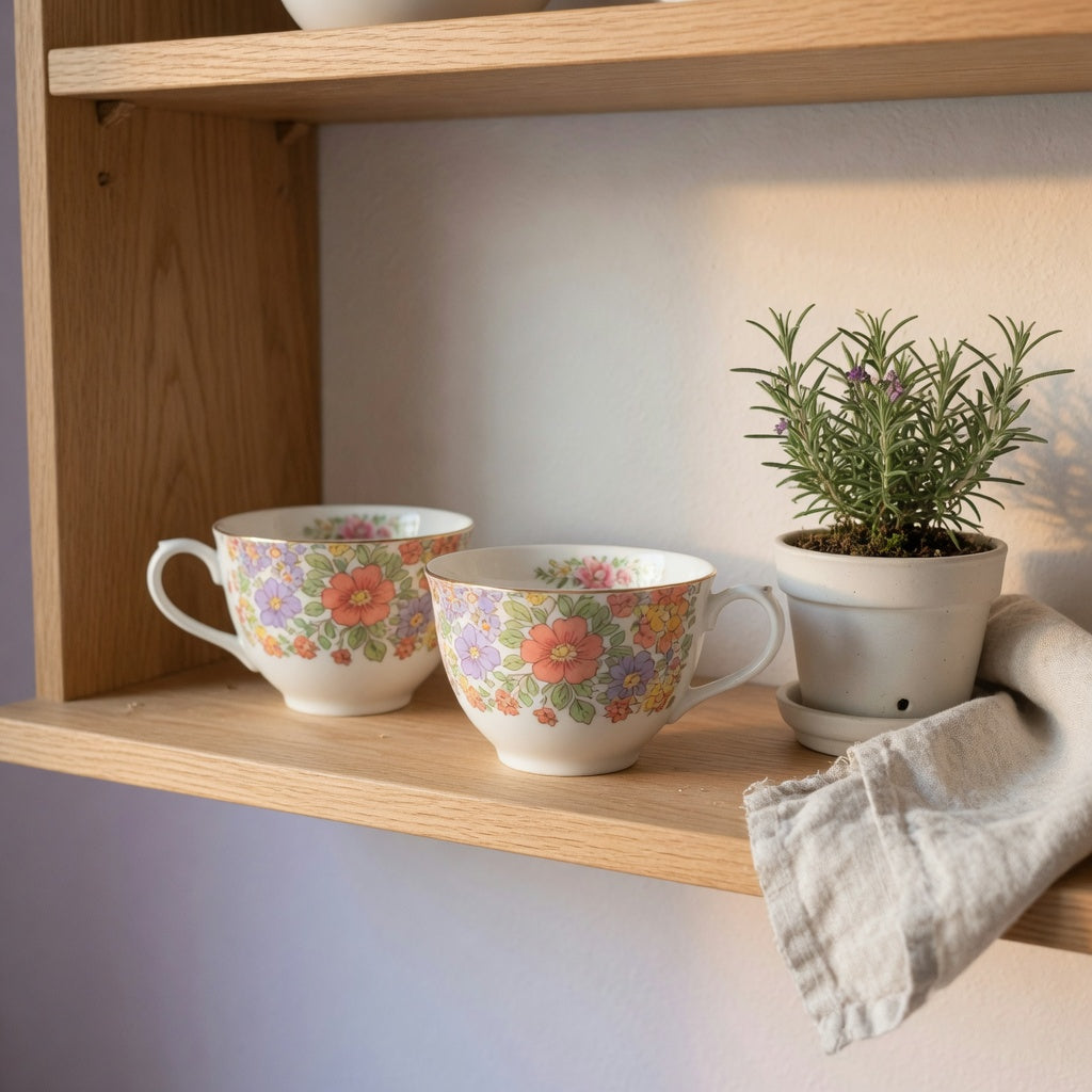 Retro tea cups home decor styled on an open kitchen shelf beside a potted plant