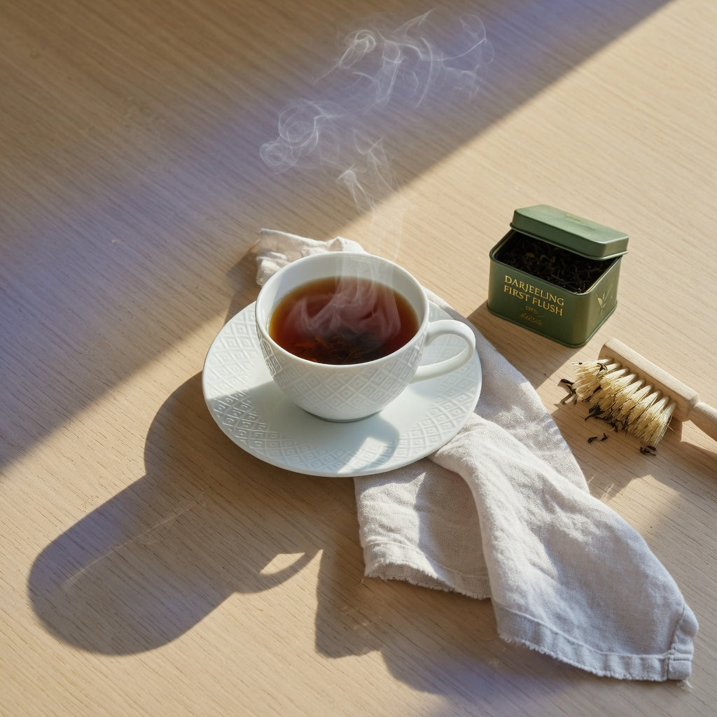 White rhombus ceramic tea cup with raised diamond relief on a matching saucer, steam rising on a kitchen counter