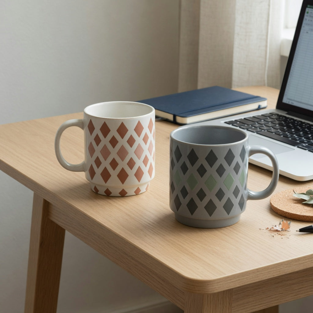 Rhombus coffee tea mug for desk comparison with handled and handle-free geometric ceramic cups
