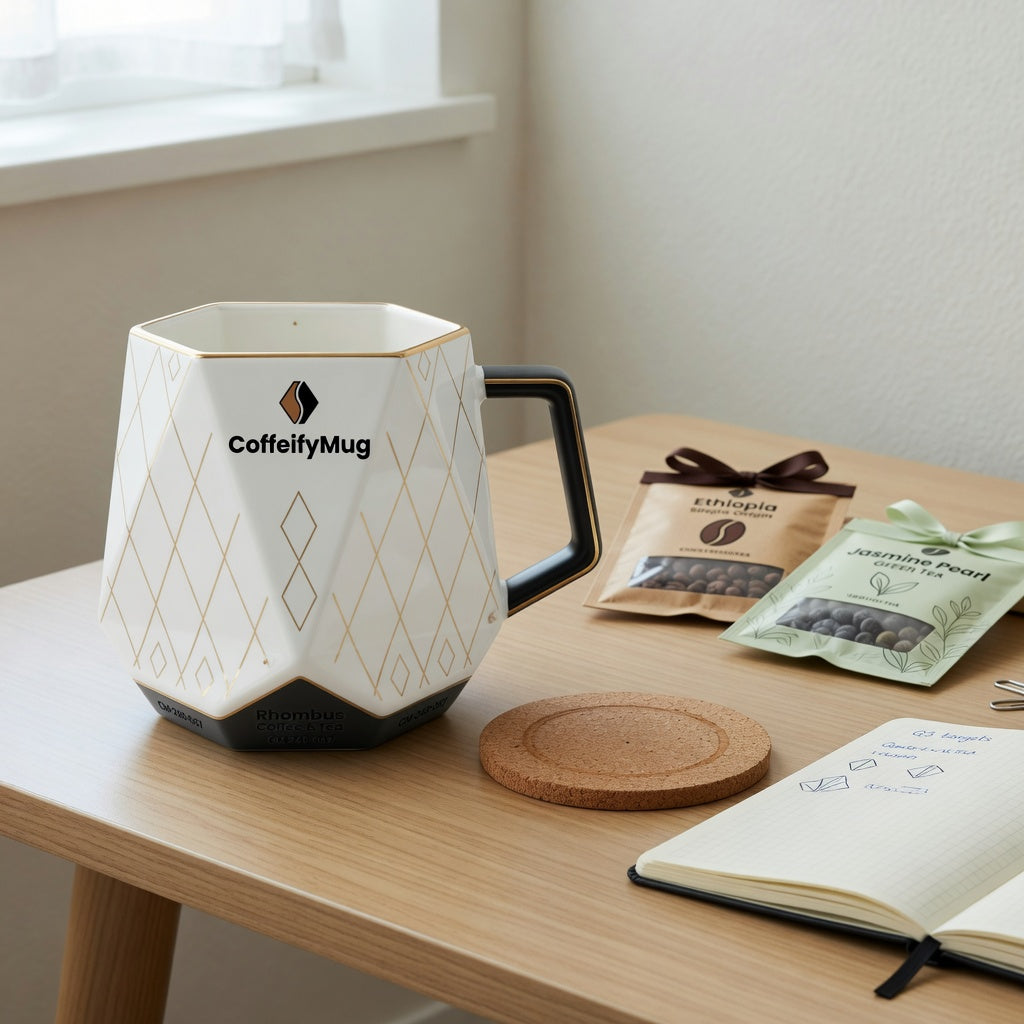 Office desk scene for rhombus coffee tea mug gift ideas, featuring a compact 250 ml geometric ceramic mug