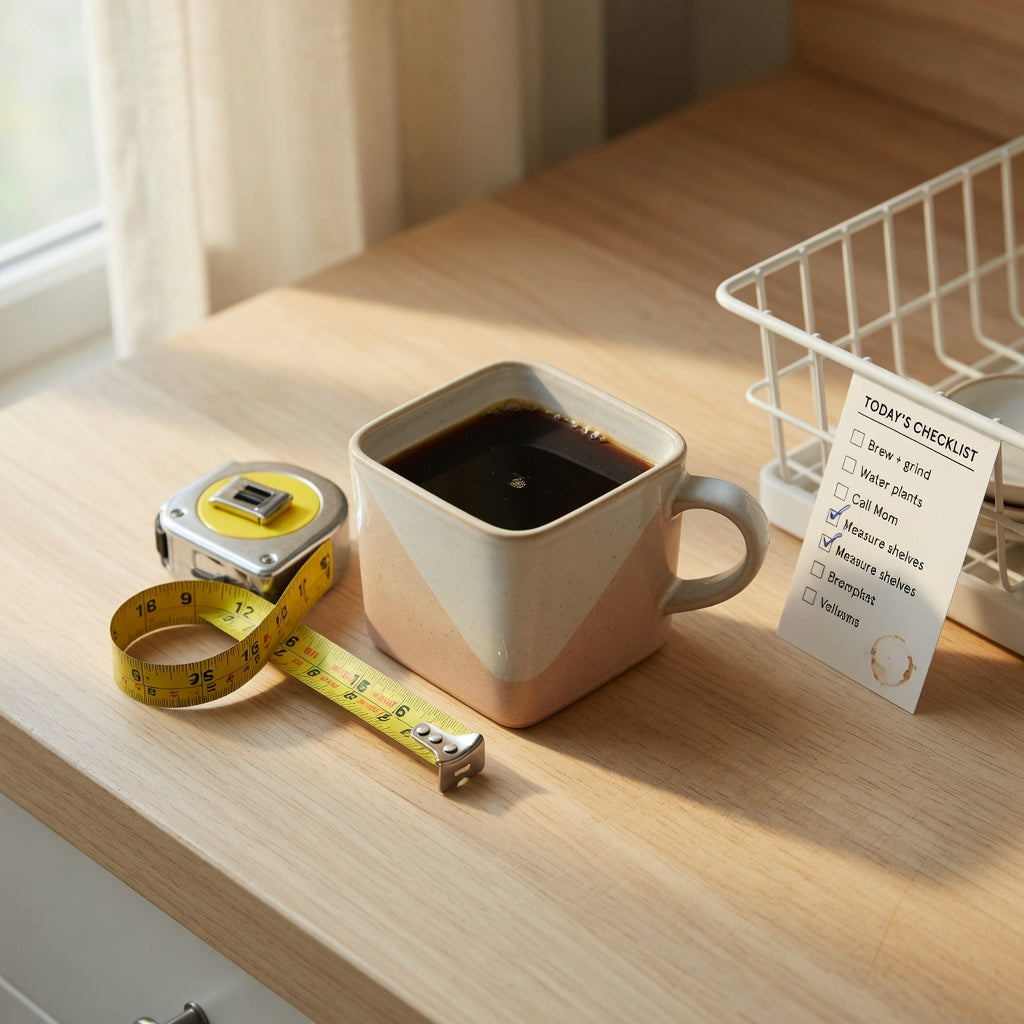 Rhombus mug checklist in action: a diamond-shaped ceramic coffee mug beside a tape measure and a printed comparison card on a kitchen counter
