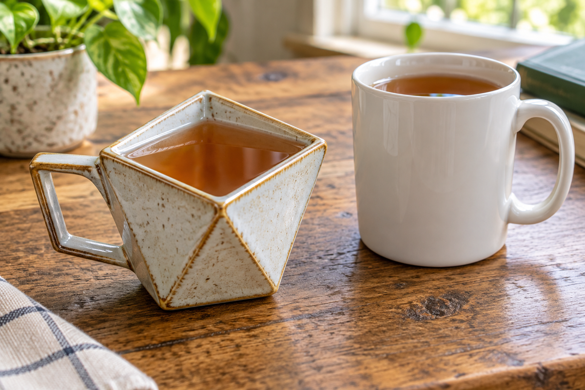Rhombus tea mug size guide showing the diamond shape and dimensions compared to standard mugs