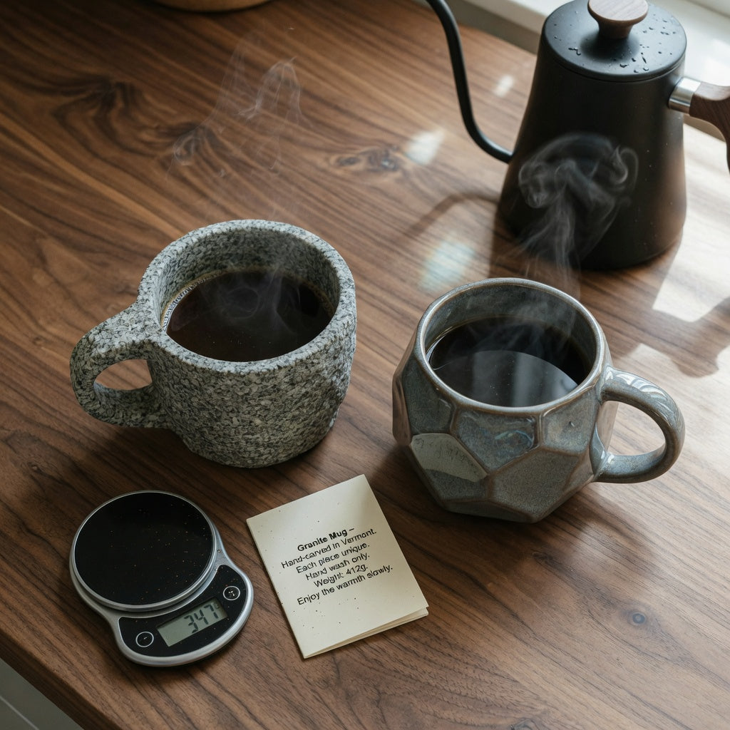 Rock mug vs ceramic mug: a carved natural-stone coffee mug beside a rock-textured ceramic mug on a kitchen counter