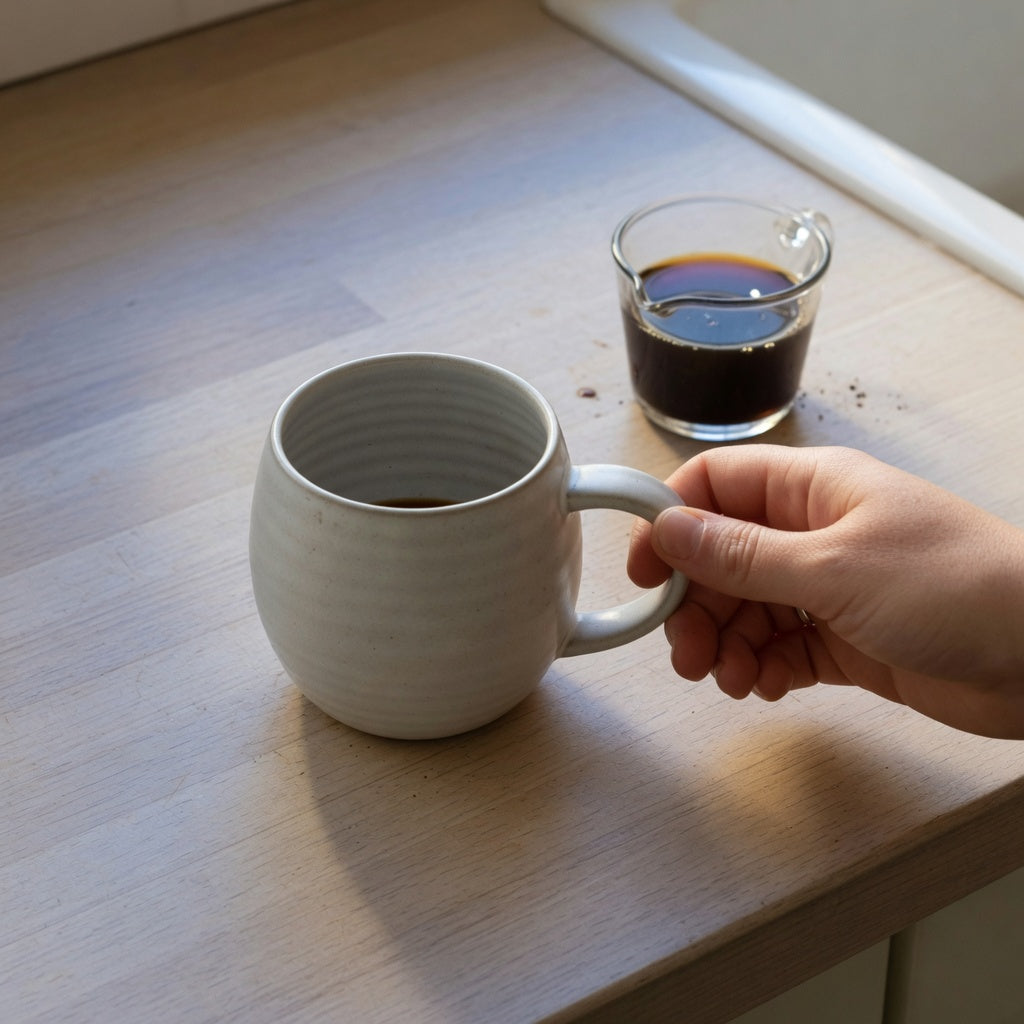 Round ceramic coffee mug buying checklist: a barrel mug on a kitchen counter while a hand checks knuckle clearance