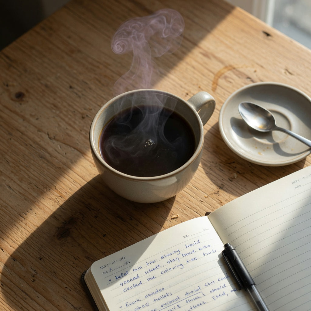 Round ceramic coffee mug for daily routine filled with black coffee on a wooden desk beside an open notebook and spoon in morning light