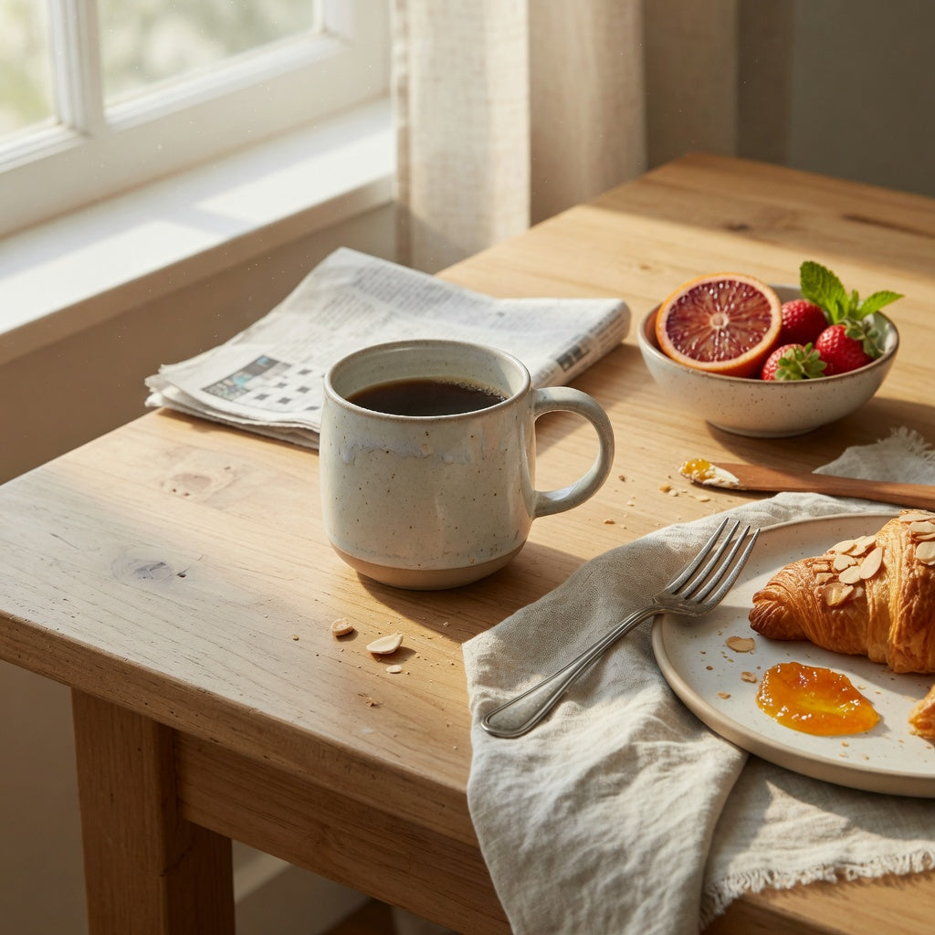 Round ceramic mug brunch setup beside a breakfast plate, linen napkin, fruit bowl, and cutlery