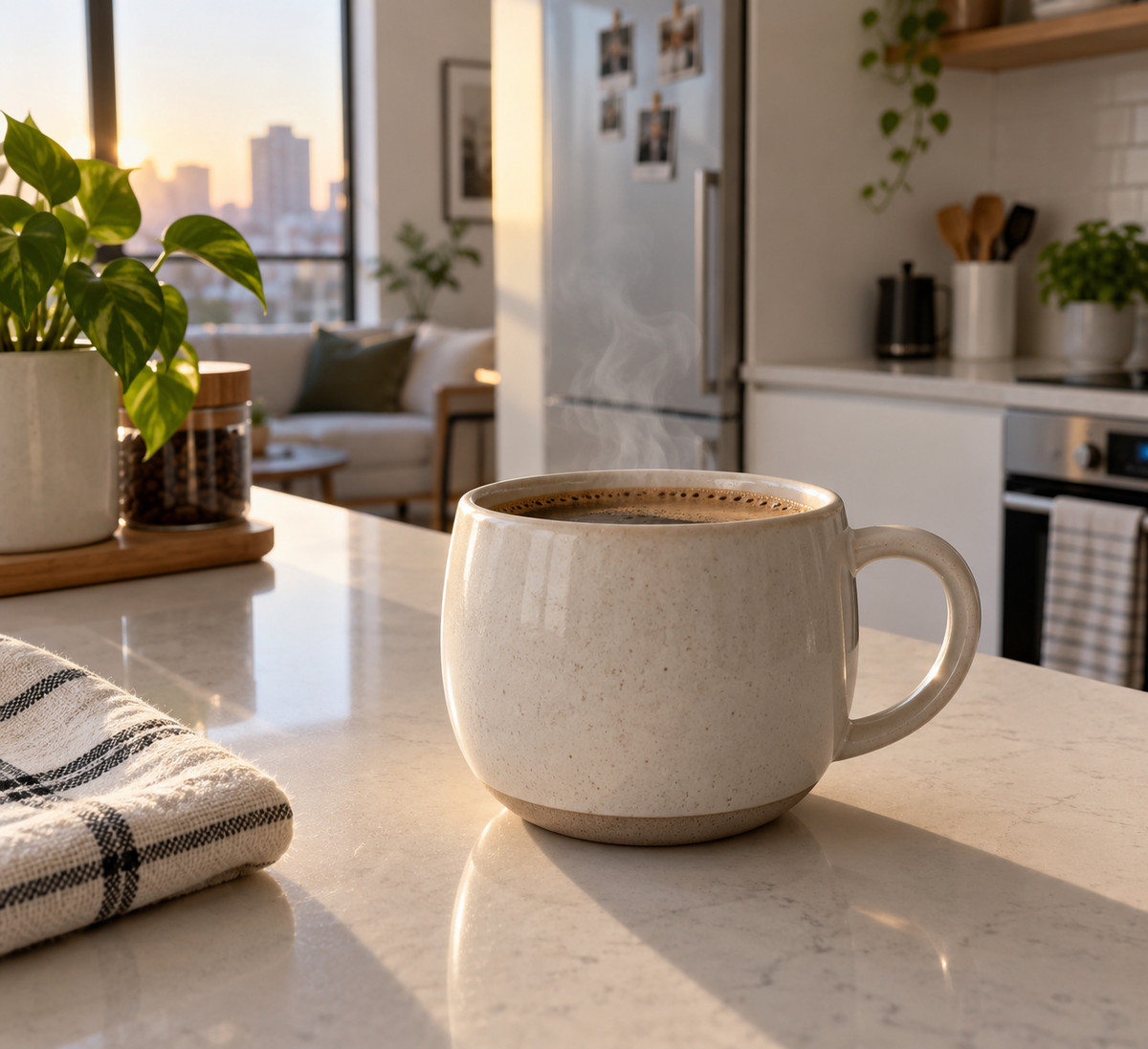 round ceramic mug for apartment morning routine on kitchen counter