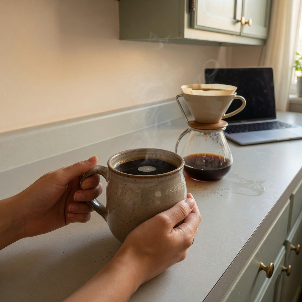A round ceramic mug for morning coffee routine held with both hands on a compact apartment kitchen counter