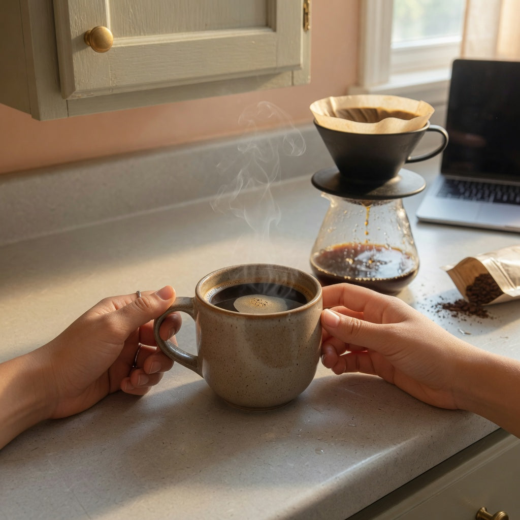 A round ceramic mug for morning coffee routine held with both hands on a compact apartment kitchen counter