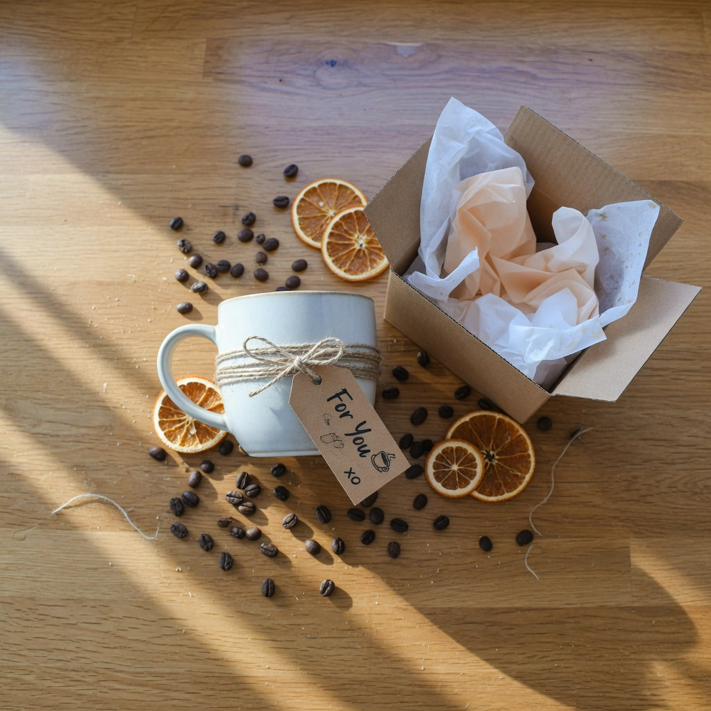 Round ceramic mug gift ideas: a rounded ceramic coffee mug tied with twine beside a kraft gift box on an oak counter